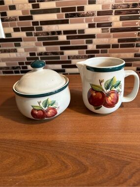Vintage Cream Ceramic Creamer and Sugar Bowl with Red Apple Motif